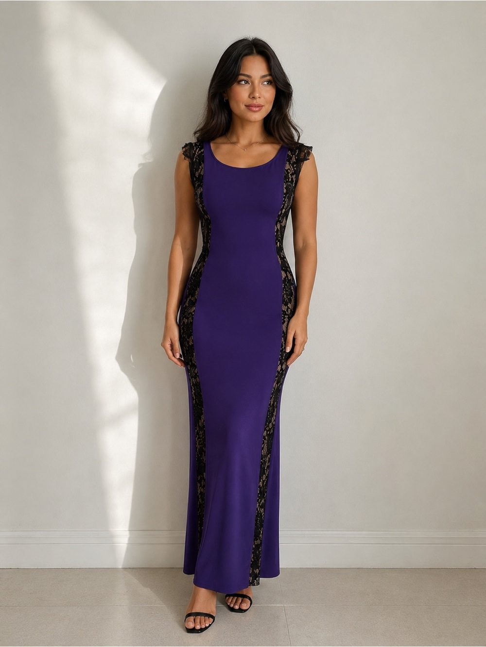 NEW| Fitted Purple Lace-Trim Maxi Dress - Picture 1 of 7